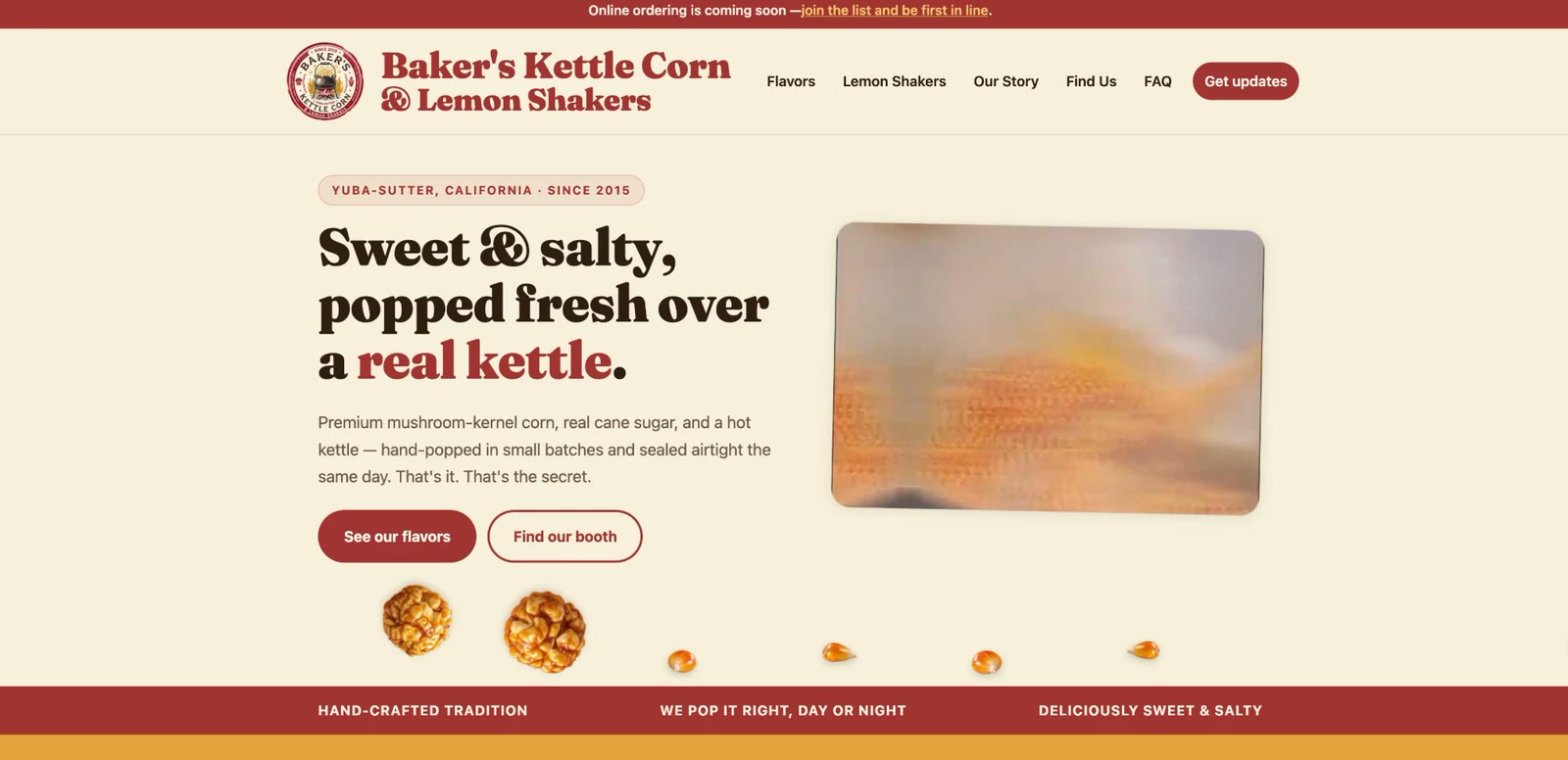 The Baker's Kettle Corn and Lemon Shakers homepage: the headline Sweet and salty, popped fresh over a real kettle.