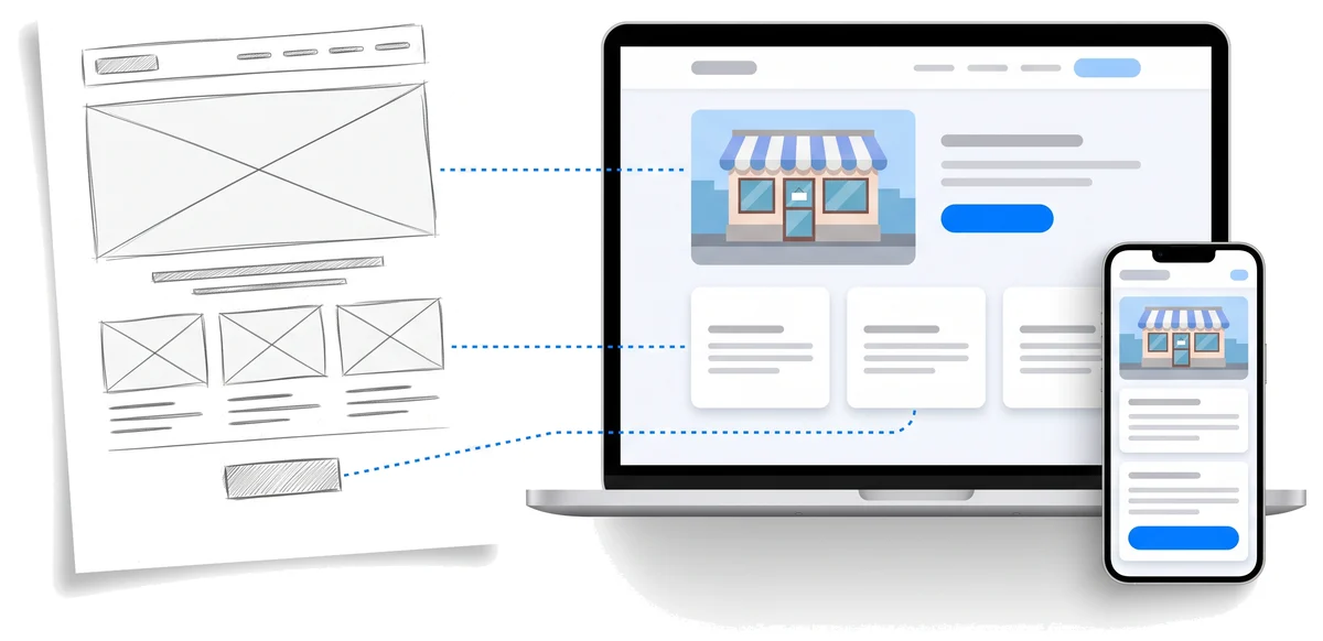 A pencil wireframe of a web page on paper, joined by dotted lines to the finished page on a laptop and a phone.